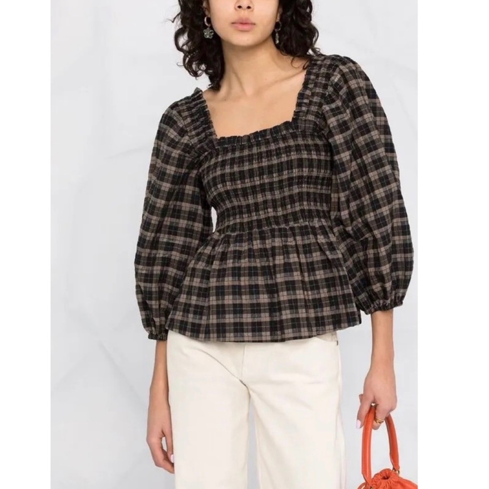 NWOT💕GANNI Checked Seersucker Puff-Sleeve Blouse Size EU 36